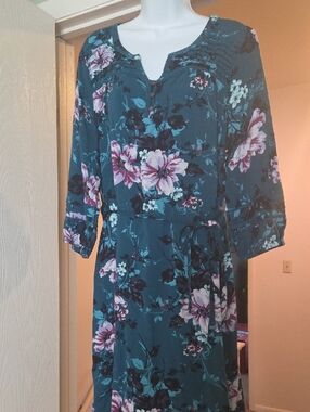Sonoma Teal Floral Long-Sleeve Midi Dress